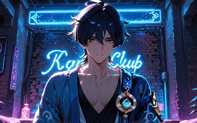 4k, vagabundo, luces de neón, oscuridad, impacto de genshin, personajes de anime, obra de arte, vidrieras, violinista, personajes de impacto de genshin, impacto del vagabundo genshin