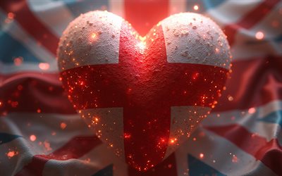 4k, rakastan englantia, bokeh, ison  britannian lippu, taideteos, englannin päivä, englannin lippu, 3d  taide, sydän englannin lipun kanssa, 3d  sydän, englantilainen lippu, englanti, rakkaus englantiin