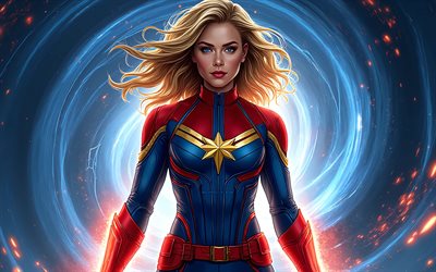 Captain Marvel, 4k, artwork, blue abstract background, superheroes, Marvel Comics, Captain Marvel 3D, Captain Marvel art, fan art, Captain Marvel 4K
