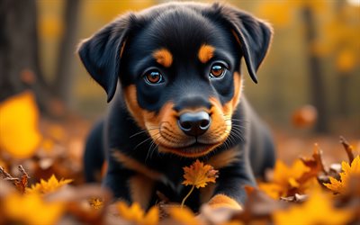 cachorro rottweiler, 4k, otoño, bokeh, bosque, perros, animales lindos, cachorros, mascotas, cachorro en el bosque, rottweiler