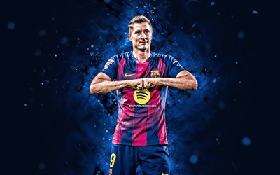 4k, robert lewandowski, glädje, blå neonljus, fc barcelona, la liga, polska fotbollsspelare, robert lewandowski 4k, fotboll, barcelona fc, laliga, barcelona, fcb, robert lewandowski barcelona