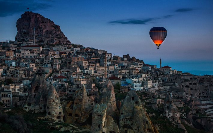 Cappadocia, sera, città, edifici, mongolfiera, Turchia