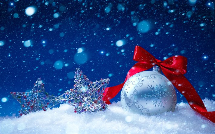 雪, クリスマス, クリスマスボール, 銀ボール, 新年