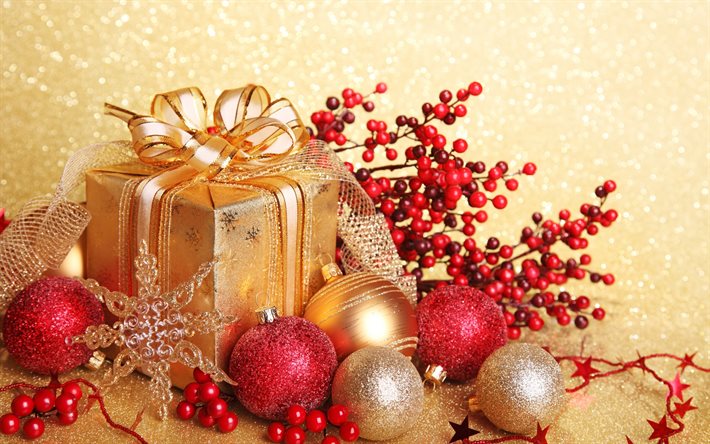 golden Christmas balls, gift, red Christmas balls, New Year, Christmas