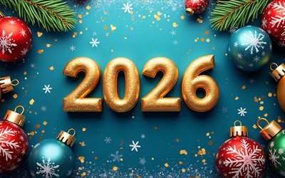 2026 felice anno nuovo, 4k, sfondo blu di natale, numeri 3d in oro 2026, concetti del 2026, buon anno, palle di natale, biglietto d'auguri 2026