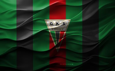 4k, Tychy FC logo, green black 3D background, Division 1, Tychy FCz emblem, Polish football team, Tychy FC flag, 3D texture, Poland, Tychy FC, football, soccer