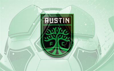 Austin FC glossy logo, 4K, green football background, MLS, soccer, american soccer club, Austin FC 3D logo, Austin FC emblem, Austin FC, football, sports logo, Austin FC logo, FC Austin