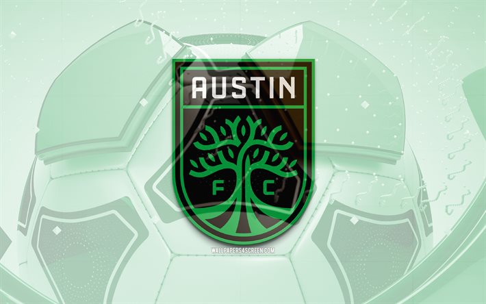 オースティン fc の光沢のあるロゴ, 4k, 緑のサッカーの背景, mls, サッカー, アメリカン サッカー クラブ, オースティン fc の 3d ロゴ, オースティン fc のエンブレム, オースティンfc, フットボール, スポーツのロゴ, オースティン fc のロゴ, fcオースティン