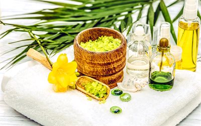 green spa salt, spa accessories, relaxation, green bath salt, aroma oils, spa concepts, salt