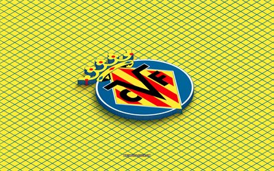 4k, Villarreal CF isometric logo, 3d art, Spain football club, isometric art, Villarreal CF, yellow background, La Liga, Spain, football, isometric emblem, Villarreal CF logo, Villarreal