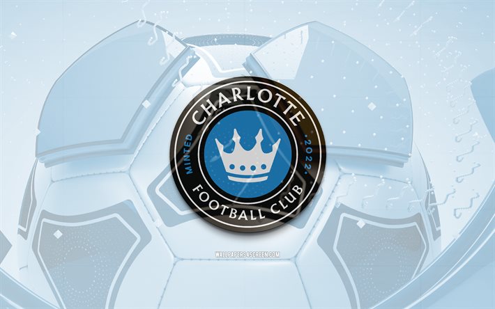 シャーロット fc の光沢のあるロゴ, 4k, 青いサッカーの背景, mls, サッカー, アメリカン サッカー クラブ, シャーロット fc の 3d ロゴ, シャーロットfcのエンブレム, シャーロット fc, フットボール, スポーツのロゴ, シャーロット fc のロゴ, fcシャーロット