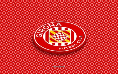 4k, Girona FC isometric logo, 3d art, Spain football club, isometric art, Girona FC, red background, La Liga, Spain, football, isometric emblem, Girona FC logo