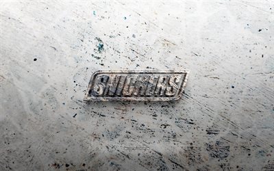 logo snickers in pietra, 4k, sfondo di pietra, logo 3d di snickers, marche, creativo, logo di snickers, arte del grunge, snickers