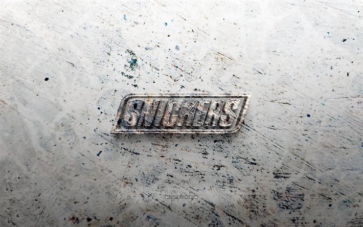 snickers stein logo, 4k, steinhintergrund, snickers 3d logo, marken, kreativ, snickers logo, grunge kunst, kicherer