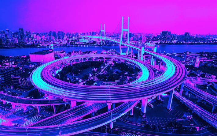 nanpu köprüsü, 4k, siberpunk, gece manzarası, şangay, yaratıcı, soyut şehir manzaraları, şanghay siberpunk, şangay panoraması
