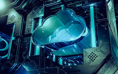 nuvem de vidro 3d, 4k, computação em nuvem, fundo de nuvem azul, tecnologia de rede, armazenamento na núvem, dados digitais, fundo de rede azul, a nuvem, armazenamento de dados do computador