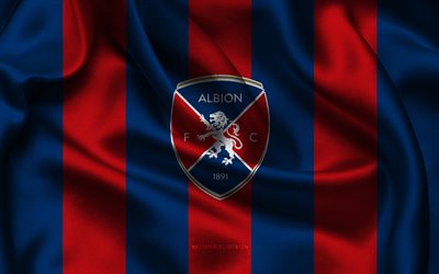 4k, logotipo do albion fc, tecido de seda azul vermelho, time de futebol uruguaio, emblema do albion fc, primeira divisão do uruguai, albion fc, uruguai, futebol, bandeira do albion fc