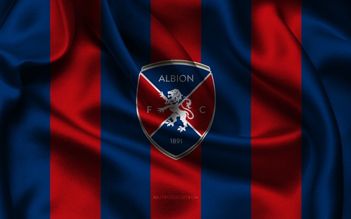 4k, logotipo do albion fc, tecido de seda azul vermelho, time de futebol uruguaio, emblema do albion fc, primeira divisão do uruguai, albion fc, uruguai, futebol, bandeira do albion fc