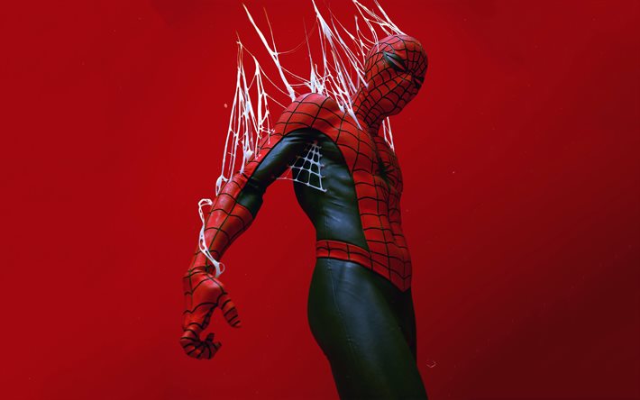 spider man, 4k, superheld, roter hintergrund, spider man kunst, peter benjaminparker, beliebte charaktere