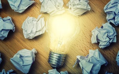 アイデアの概念, 4k, 燃える電球, アイデア検索, ビジネスコンセプト, 電球の背景, しわくちゃの紙, 考え