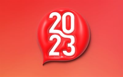 2023 feliz ano novo, dígitos 3d brancos, balão de fala 3d, 2023 conceitos, 2023 dígitos 3d, feliz ano novo 2023, criativo, 2023 dígitos brancos, 2023 fundo vermelho, 2023 ano