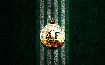 Chapecoense SC golden logo, 4k, green stone background, Brazilian Serie B, brazilian football club, Chapecoense SC logo, soccer, Chapecoense SC emblem, Chapecoense SC, football, Chapecoense FC