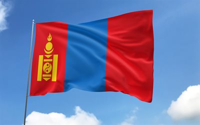 mongoliets flagga på flaggstången, 4k, asiatiska länder, blå himmel, mongoliets flagga, vågiga satinflaggor, mongoliska flaggan, mongoliska nationella symboler, flaggstång med flaggor, mongoliets dag, asien, mongoliet