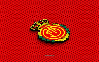 4k, rcd mallorca isometrisk logotyp, 3d konst, spansk fotbollsklubb, isometrisk konst, rcd mallorca, röd bakgrund, la liga, spanien, fotboll, isometriskt emblem, rcd mallorcas logotyp