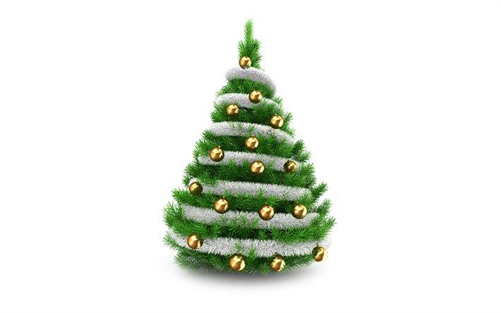 شجرة عيد الميلاد, 4k, شيوع, كرات عيد الميلاد الذهبية, خلفية بيضاء, سنة جديدة سعيدة, عيد ميلاد مجيد, فن ثلاثي الأبعاد