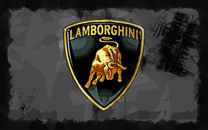 Lamborghini grunge logo, 4k, grunge art, cars brands, italian cars, Lamborghini logo, gray grunge background, Lamborghini