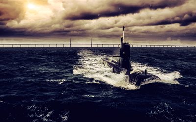 hswms sodermanland, marinha sueca, submarino da classe vastergotland, navios de guerra, submarinos, suécia, tarde, pôr do sol, ponte oresund