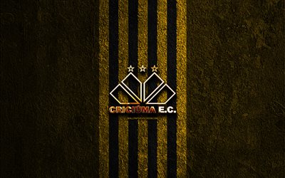 Criciuma EC golden logo, 4k, yellow stone background, Brazilian Serie B, brazilian football club, Criciuma EC logo, soccer, Criciuma EC emblem, Criciuma EC, football, Criciuma FC