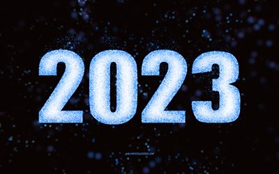 Happy New Year 2023, blue glitter art, 2023 blue glitter background, 2023 concepts, 2023 Happy New Year, black background