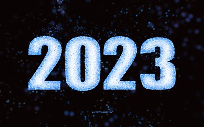 felice anno nuovo 2023, arte glitter blu, 2023 sfondo glitter blu, 2023 concetti, 2023 felice anno nuovo, sfondo nero