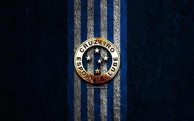 goldenes logo von cruzeiro ec, 4k, hintergrund aus blauem stein, brasilianische serie b, brasilianischer fußballverein, cruzeiro ec logo, fußball, cruzeiro ec emblem, cruzeiro ec, cruzeiro fc