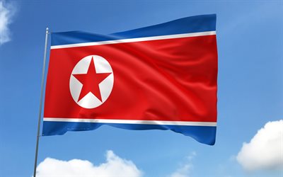 North Korea flag on flagpole, 4K, Asian countries, blue sky, flag of North Korea, wavy satin flags, North Korean flag, North Korean national symbols, flagpole with flags, Day of North Korea, Asia, North Korea flag, North Korea