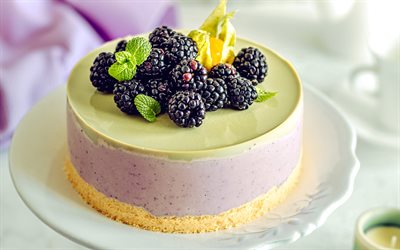 Blackberry cheesecake, purple cheesecakes, cakes, sweets, pastries, berries cheesecake, cheesecake with Blackberry, berries, Blackberry