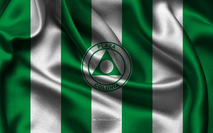 4k, Plaza Colonia logo, green white silk fabric, Uruguayan football team, Plaza Colonia emblem, Uruguayan Primera Divisiion, Plaza Colonia, Uruguay, football, Plaza Colonia flag