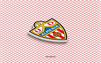 4k, ud almeria izometrik logosu, 3 boyutlu sanat, ispanya futbol kulübü, izometrik sanat, ud almeria, kırmızı arka plan, la liga, ispanya, futbol, izometrik amblem, ud almeria logosu