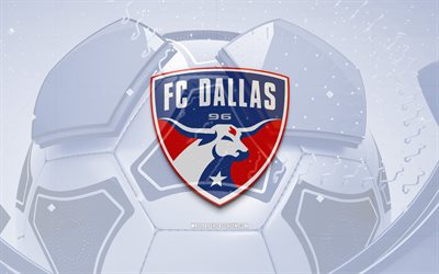 FC Dallas glossy logo, 4K, blue football background, MLS, soccer, american soccer club, FC Dallas 3D logo, FC Dallas emblem, Dallas FC, football, sports logo, FC Dallas logo, FC Dallas