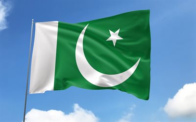 깃대에 파키스탄 국기, 4k, 아시아 국가, 파란 하늘, 파키스탄 국기, 물결 모양의 새틴 플래그, 파키스탄 국가 상징, 깃발이 달린 깃대, 파키스탄의 날, 아시아, 파키스탄