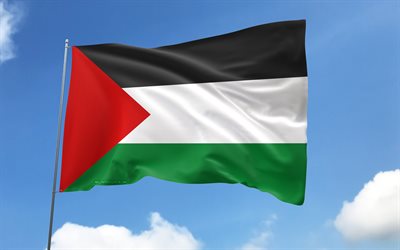 bandiera della palestina sull'asta della bandiera, 4k, paesi asiatici, cielo blu, bandiera della palestina, bandiere di raso ondulato, bandiera palestinese, simboli nazionali palestinesi, pennone con bandiere, giorno della palestina, asia, palestina