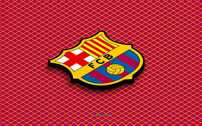 4k, logo isometrico del fc barcelona, arte 3d, società calcistica spagnola, arte isometrica, fc barcelona, sfondo bordeaux, la liga, spagna, calcio, emblema isometrico, logo del barcellona