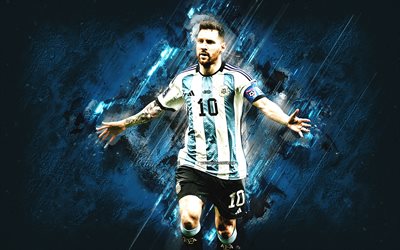 लियोनेल मेसी, अर्जेंटीना की राष्ट्रीय फुटबॉल टीम, कतर 2022, अर्जेंटीना के फुटबॉल खिलाड़ी, स्ट्राइकर, नीले पत्थर की पृष्ठभूमि, लियो मैसी, विश्व फुटबॉल स्टार