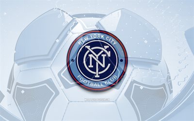 New York City FC glossy logo, 4K, blue football background, MLS, soccer, american soccer club, New York City FC emblem, New York City FC, football, sports logo, New York City FC logo, NYC FC