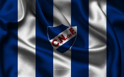 4k, logo clube nacional de futebol, tecido de seda branco azul, time de futebol uruguaio, emblema do clube nacional de futebol, primeira divisão do uruguai, clube nacional de futebol, uruguai, futebol, bandeira do clube nacional de futebol, nacional