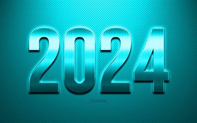 4k, 2024 gott nytt år, ljusblå 2024 bakgrund, 2024 metallbokstäver, gott nytt år 2024, lila konsistens, 2024 begrepp, 2024 gratulationskort