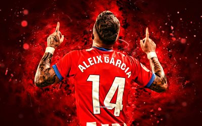 Aleix Garcia, 4k, red neon lights, Girona FC, La Liga, Spanish footballers, Aleix Garcia 4K, football, soccer, back view, LaLiga, Aleix Garcia Girona