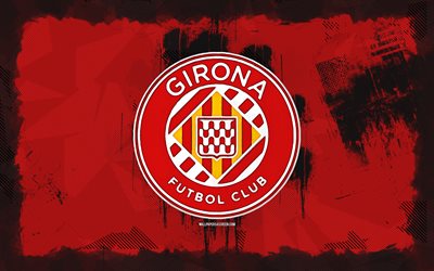 شعار girona fc grunge, 4k, لاليجا, خلفية الجرونج الأحمر, كرة القدم, شعار جيرونا fc, نادي كرة القدم الأسباني, جيرونا fc