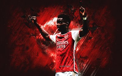 bukayo saka, arsenal fc, engelska fotbollsspelare, röd stenbakgrund, engelska, fotboll, elitserien